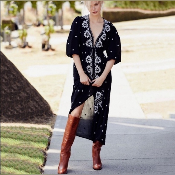 Free People Embroidered Fable Midi Dress Small Black - Picture 4 of 9